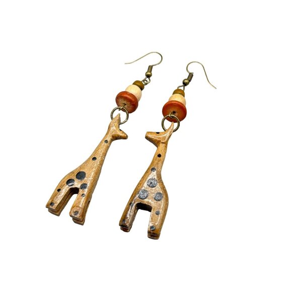 Vintage Giraffe Earrings Carved Hand Painted Wood Dangles Animal Ethnic Jewelry - Picture 1 of 8